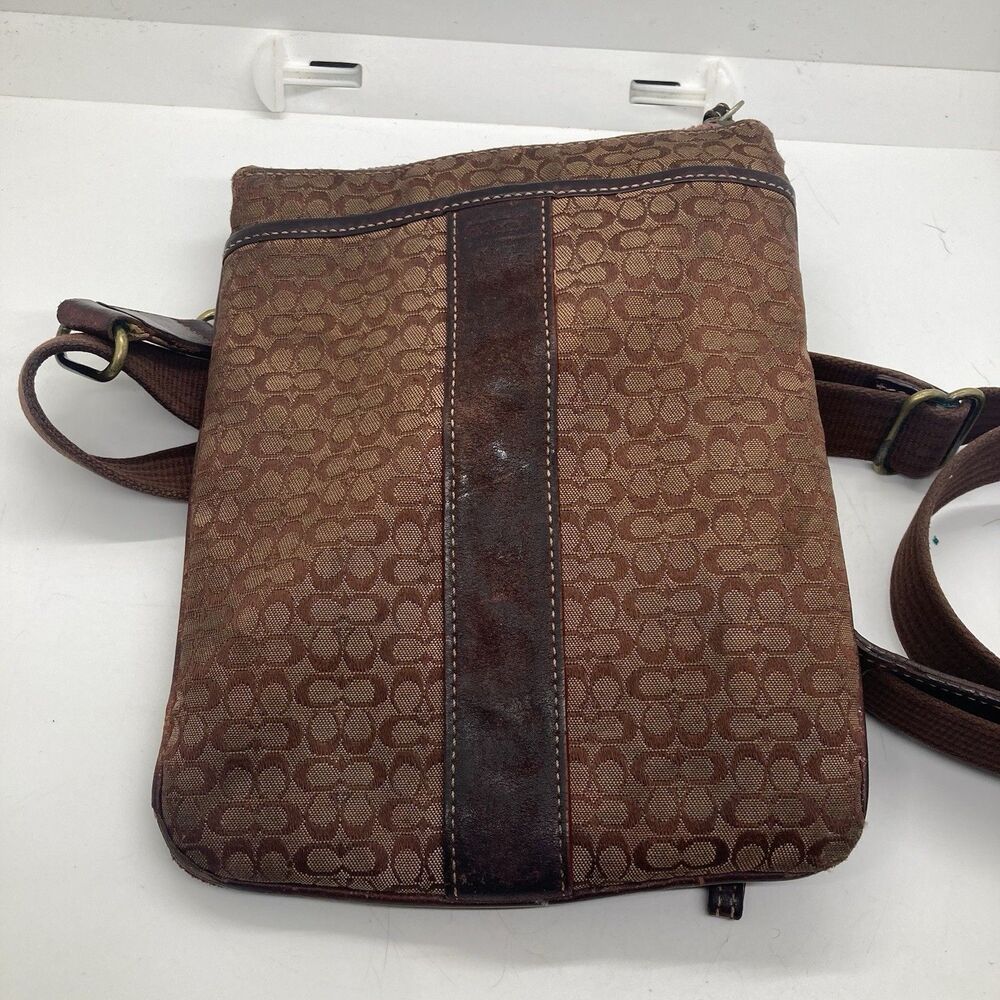 Coach CC Signature Tan Canvas Leather Trim Crossbody Messenger Bag